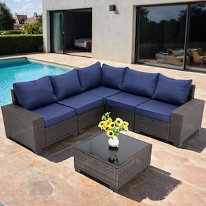 6-Pieces Brown Wicker Outdoor Sectional Set with Dark Blue Cushions and Coffee Table