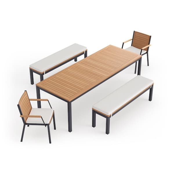 NewAge Products Monterey 5 Piece Aluminum Teak Outdoor Patio Dining Set in Canvas Natural Cushions with 96 in. Table & Bench
