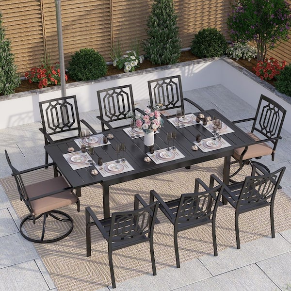 PHI VILLA Black 9-Piece Metal Patio Outdoor Dining Set with Extendable Table and Fashion Chairs