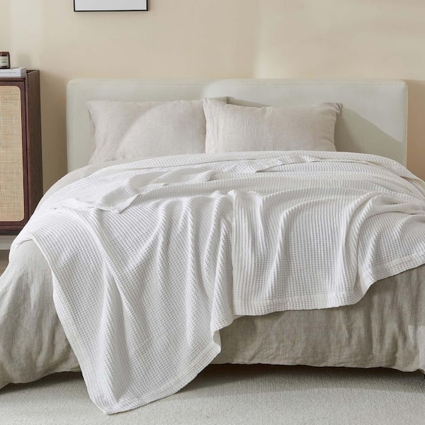 White 100% Cotton White Waffle Weave Throw Blanket