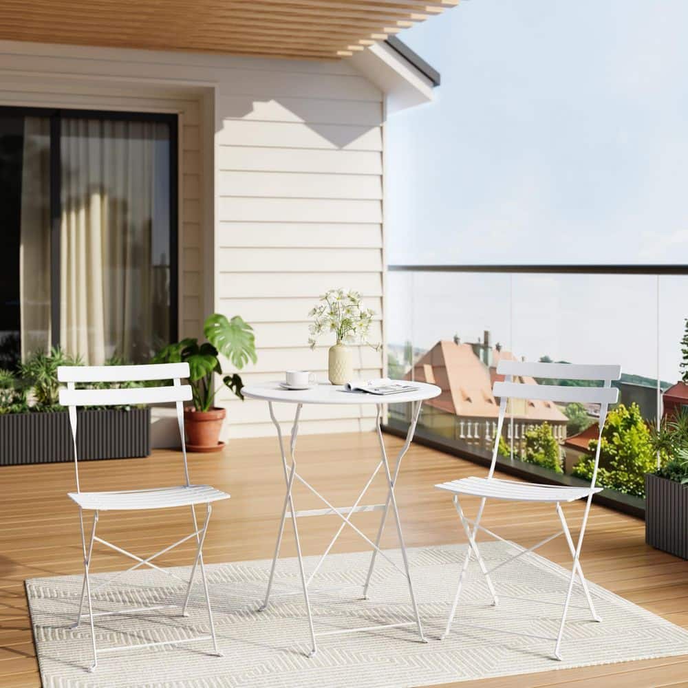 OUTGOODS 3 Piece White Metal Patio Bistro Set with Folding Table