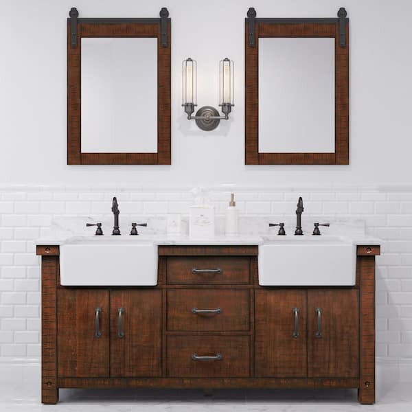 Paisley 72 in. W x 22 in. D Vanity in Rustic Sienna with Marble Vanity Top in White with White Basin and Mirror
