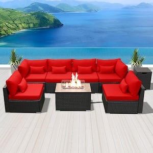 8-Piece Wicker Outdoor Patio Conversation Set with Propane Fire Pit Table (Red Cushions-Rectangular Table)