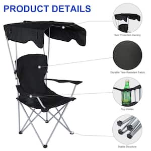 Folding Camping Chair with Shade Canopy, Heavy Duty Steel Frame with Cup Holder, Black