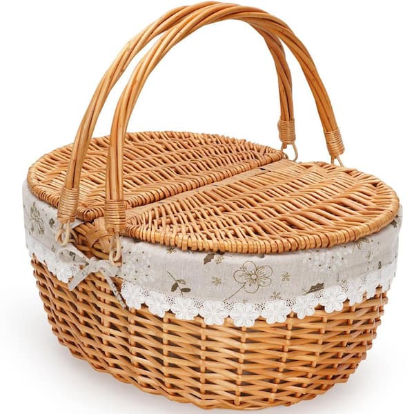 Wicker Picnic Basket with Lid and White Removable Liner, Picnic Hamper with Folding Woven Handle for Picnic, Camping