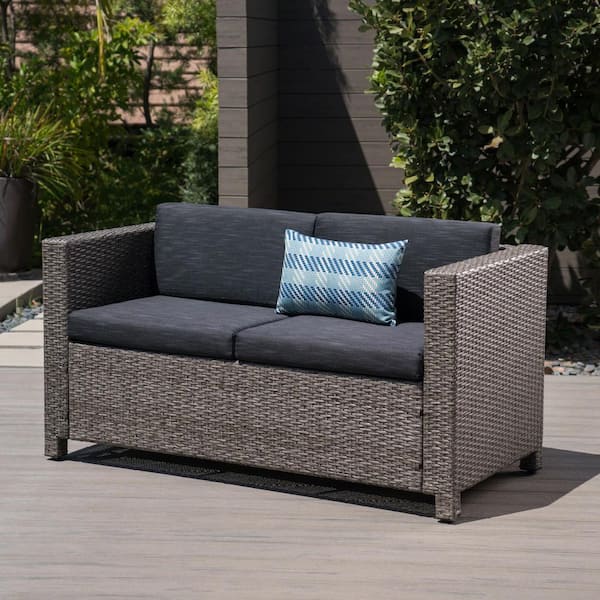 Noble House Gray Wicker Outdoor Loveseat with Mixed Black Cushion