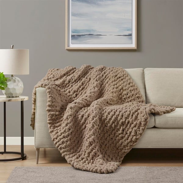 Madison Park Chenille Chunky Knit Brown Polyester Throw Blanket