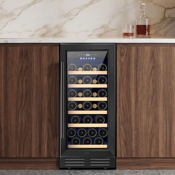 15 in. Single Zone 30-Bottle Wine Cooler in Black Built-in Reversible Door Hinge Wine Fridge Auto Blue Lighting