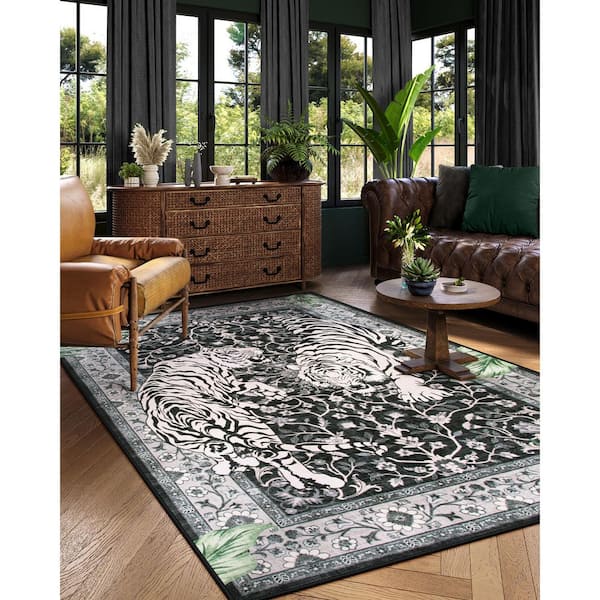 5 ft. x 7 ft. Black Vintage Tiger Washable Non Slip Soft Living Room Bedroom Area Rug