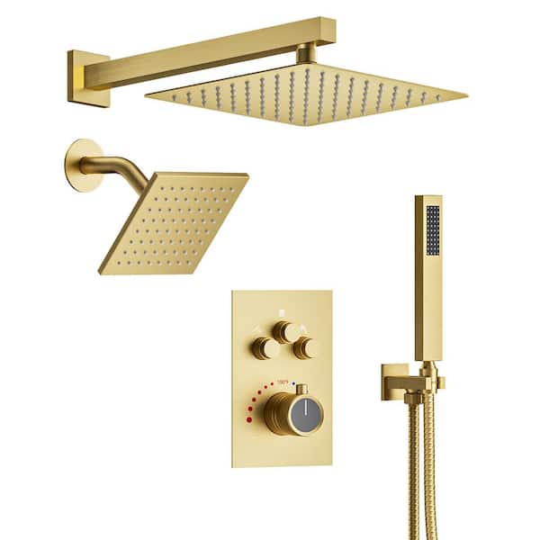 Thermostatic 7-Spray Wall Mount 12 in. and 6 in. Dual Shower Head and Handheld Shower Head 2.5 GPM in Brushed Gold