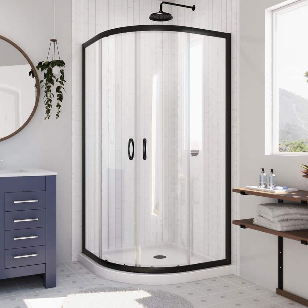Prime 36" x 74.75" Semi-Frameless Clear Glass Sliding Shower Enclosure with Matte Black Frame and White Base