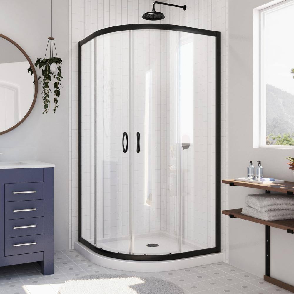 Prime 38" Matte Black and Clear Glass Round Shower Enclosure with White Base