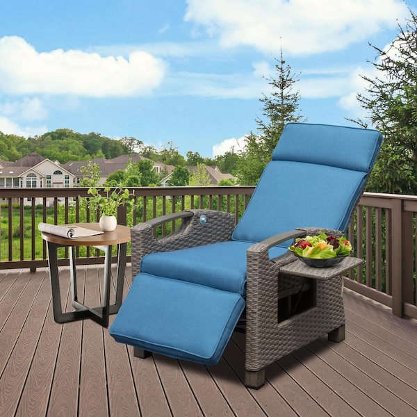 Unbranded Wicker Outdoor Adjustable Recliner, Patio Lounge Chair with Flip Table and Removable Blue Cushions for Garden, Poolside