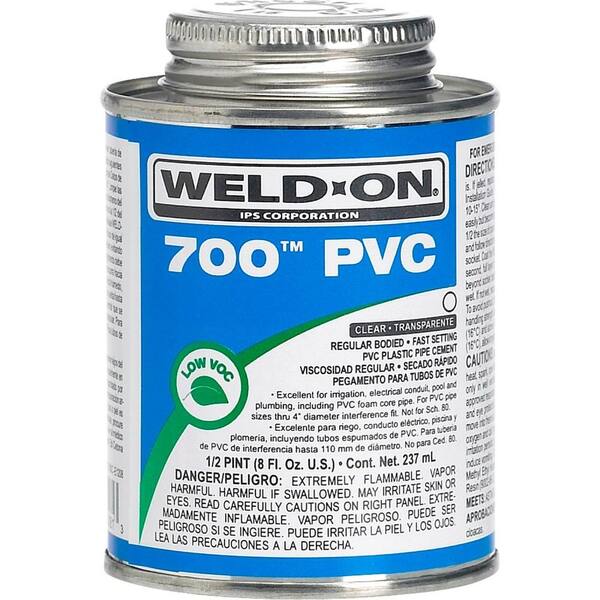 Weld-On 700 PVC Solvent Cement, Clear, Low VOC, High Strength, Regular Bodied, Fast Setting, 1/2 Pint (8 Fl. Oz.)