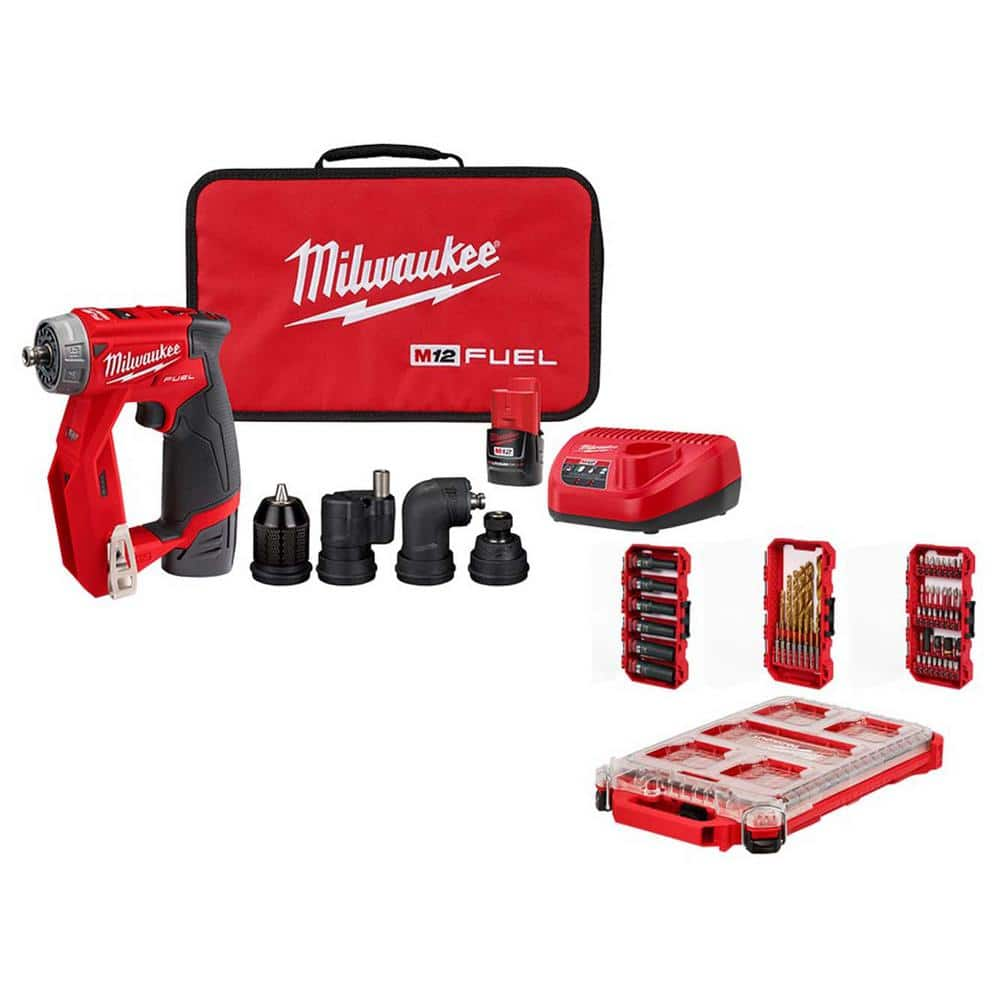 Milwaukee M12 FUEL 12V Li-Ion Brushless Cordless 4-in-1 Installation 3/8 in. Drill Driver Kit, 4-Heads & PACKOUT Bit Set (60-Pc)