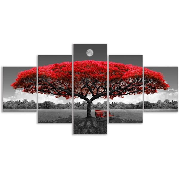 Framed Canvas Wall Art Red Tree Mural Mural Decoration Living Room Large 5-Pieces 12 in. x 32 in.