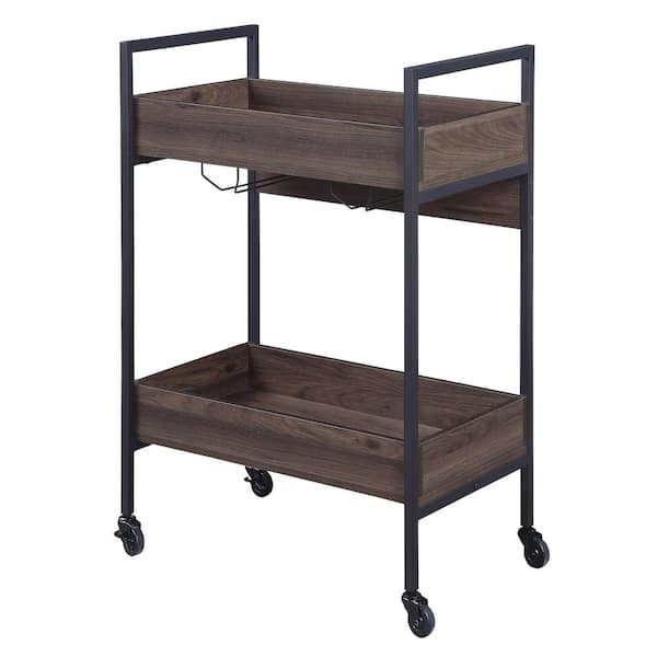 Brown and Black Outdoor Serving Cart w/ 2-Shelves, Wooden Top and Cup Holder, Rectangular Metal Serving Cart with Wheels