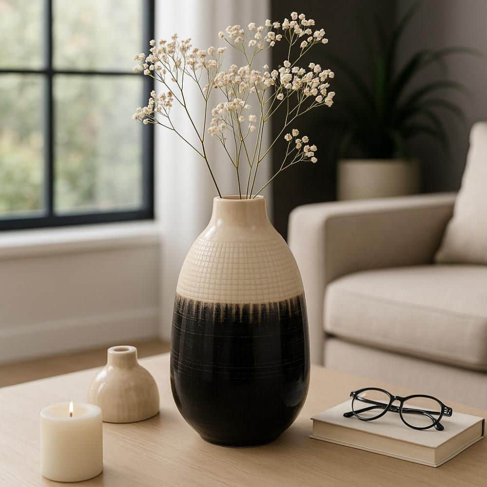 UPC 677478660076 product image for 12 in. Tan/Black Stoneware Geometric Lidded Decorative Vase | upcitemdb.com