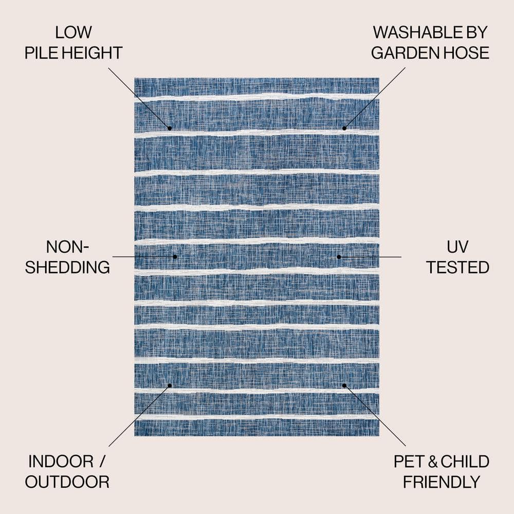 Blue and Ivory Striped Synthetic Reversible Area Rug