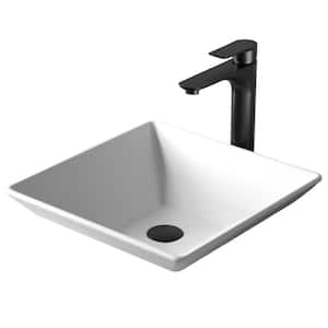 Quattro Matte White Acrylic 16 in. Square Bathroom Vessel Sink with Faucet and drain in Matte Black