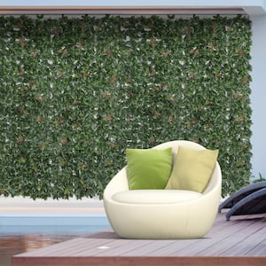 2.75 in. 12-Pieces Green and Red Artificial Boxwood Wall Panels Photinia Serrulata Faux Hedge Greenery Backdrop
