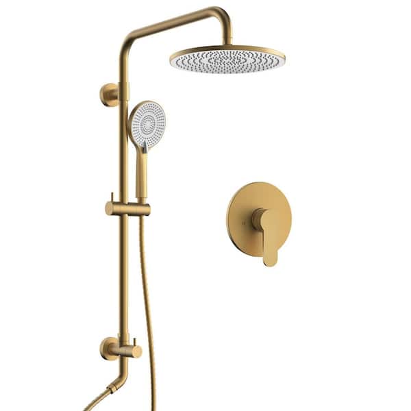2-Spray 10 in. Wall Mount Dual Fixed and Handheld Shower Head 2.5 GPM with Adjustable Height in Brushed Gold