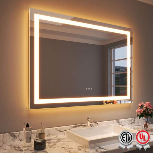 50 in. W x 36 in. H Rectangular Frameless Wall Bathroom Vanity Mirror with Backlit and Front Light
