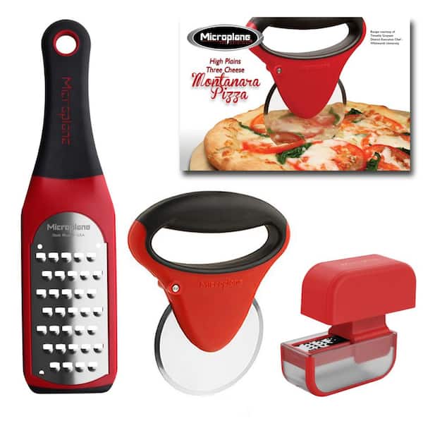 Microplane 3 Piece Pizza Making Tool Kit- Garlic Mincer, Pizza Cutter, and Extra Coarse Cheddar Cheese Grater- Free Recipe