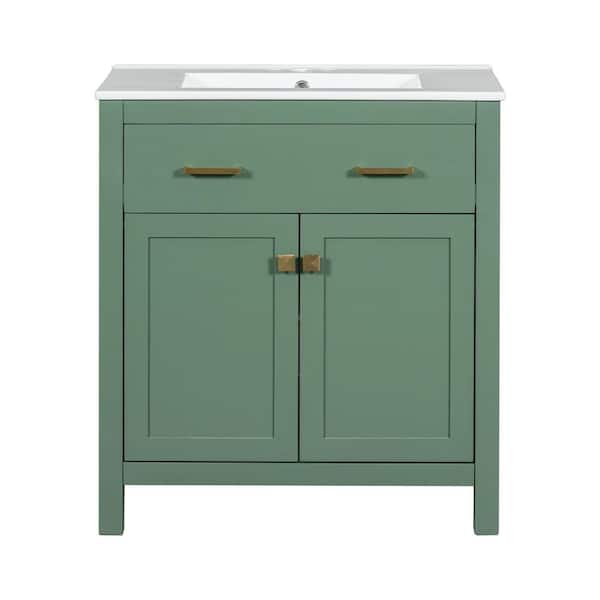 JimsMaison 30 in. W x 18 in. D x 34 in. H Single Sink Freestanding Bath Vanity in Green with White Ceramic Top