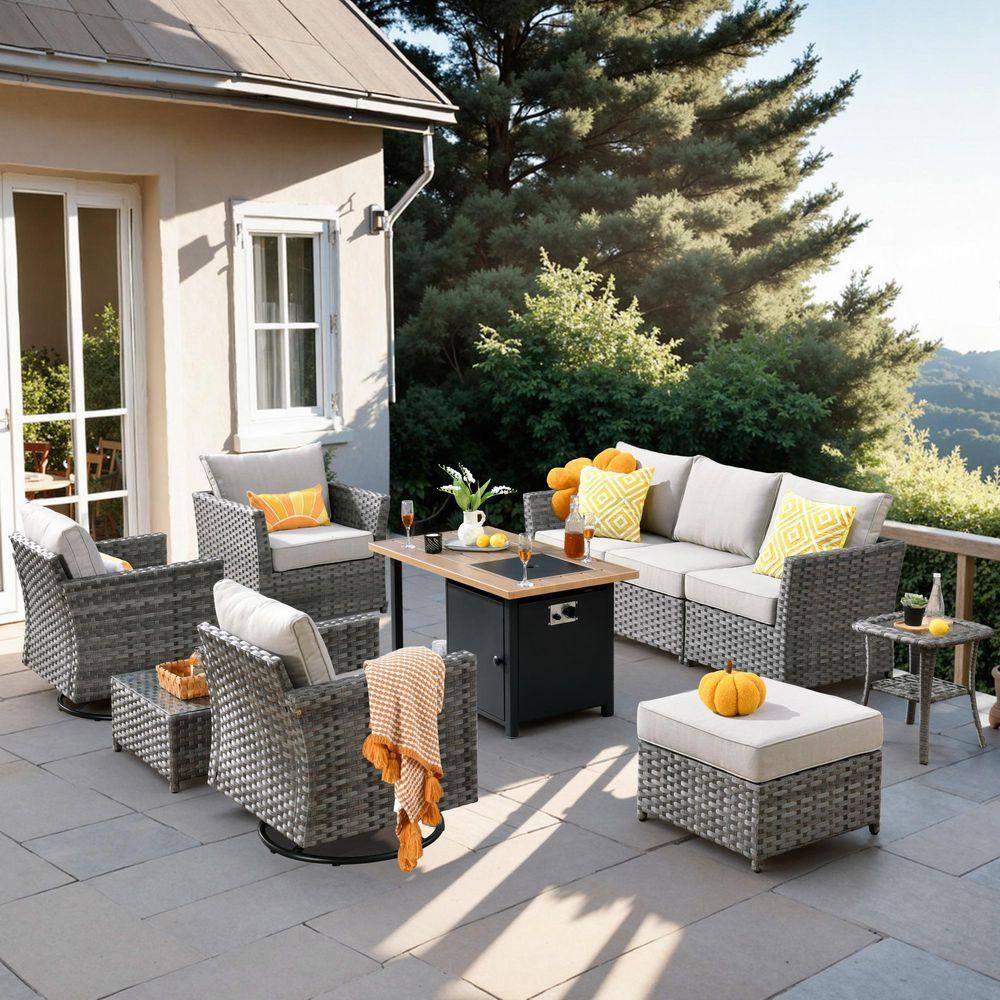Eufaula Gray 10-Piece Wicker Outdoor Patio Conversation Sofa Set with a Storage Shelf Fire Pit and Coarse Beige Cushions