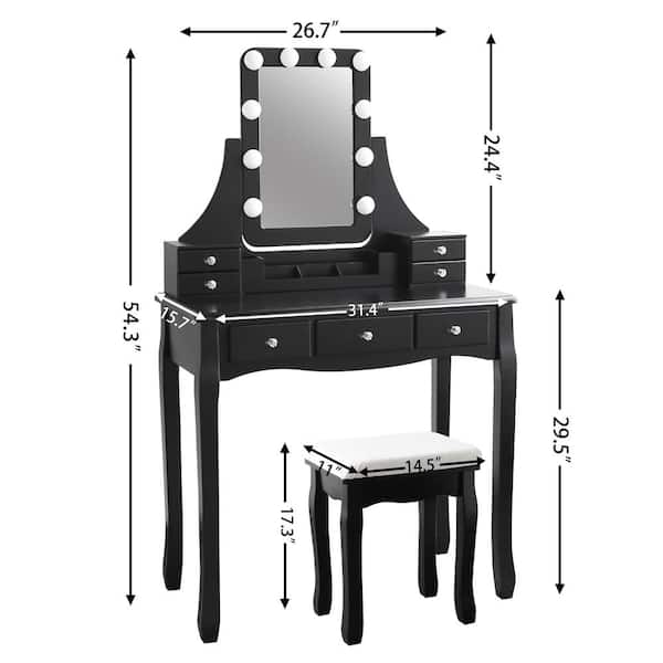 LED Lighted Vanity Table Set Makeup Dressing Table with Mirror & Stool Black