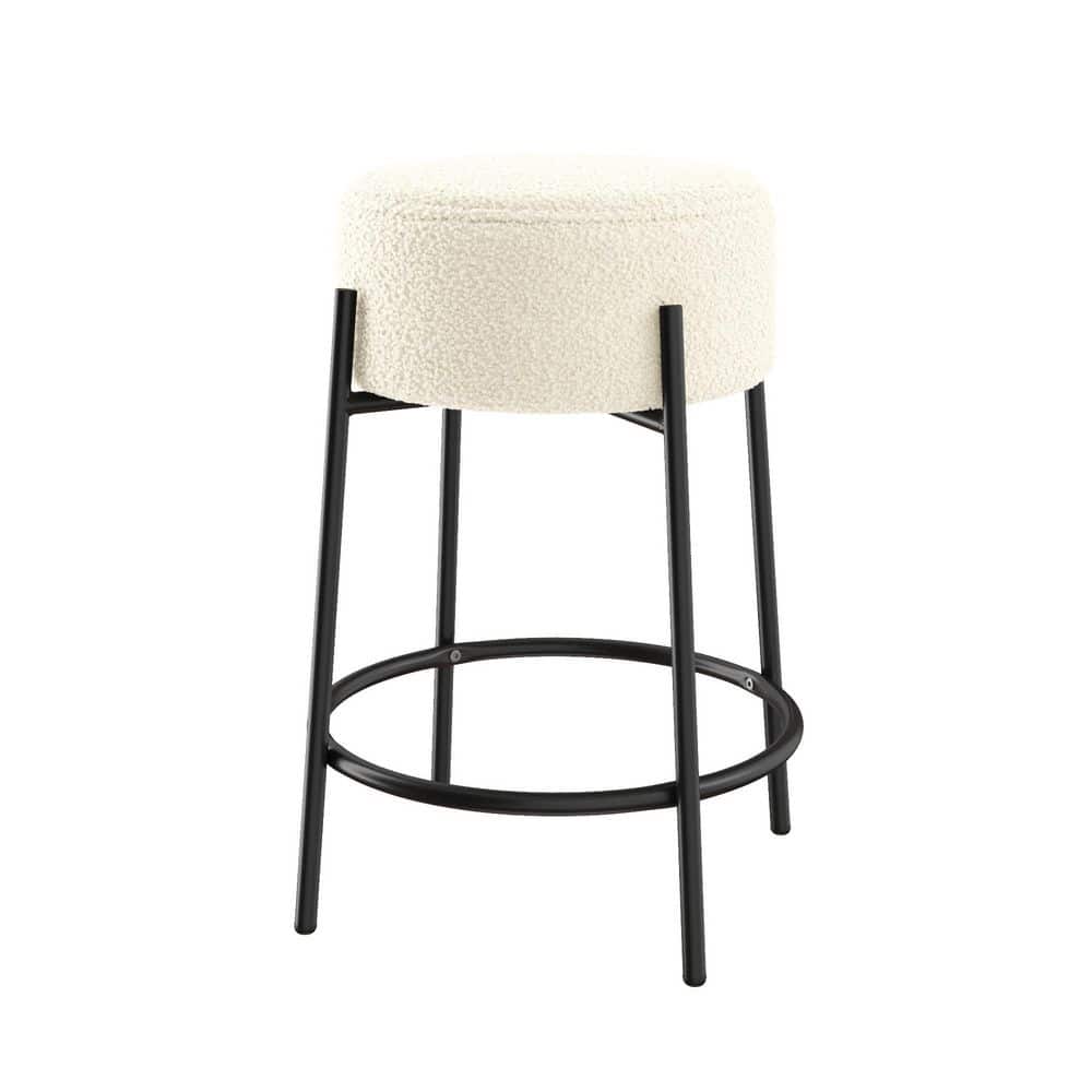 Isaac 24" Off-White Boucle Backless Counter Stool with Black Metal Frame