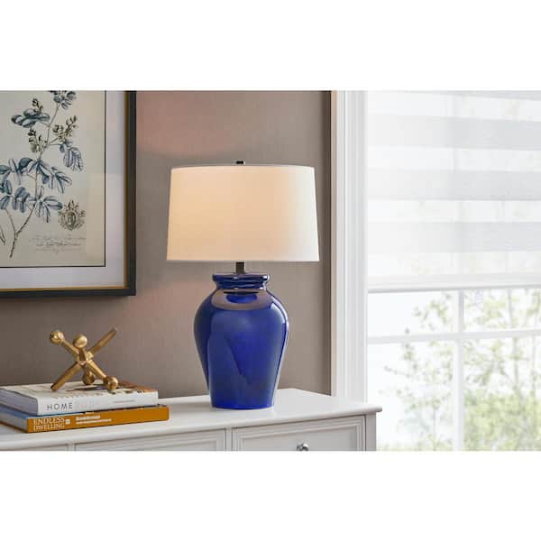 Hampton Bay Ivydale Blue Ceramic 22.5 in. Indoor Table Lamp with White Fabric Shade