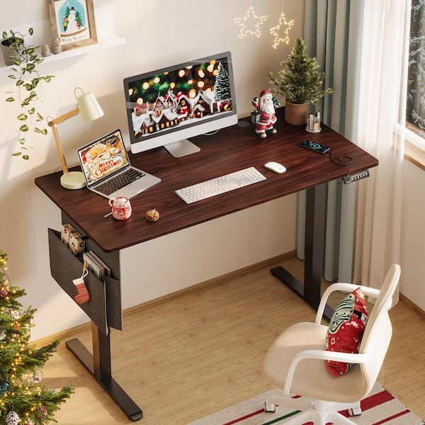 Bestier 55.12 in. Rectangular Dark Walnut Wood Sit to Stand Desk with 3 Height Memory Presets and USB Port