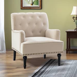Enrica Tan Tufted Comfy Velvet Armchair with Nailhead Trim and Rubberwood Legs