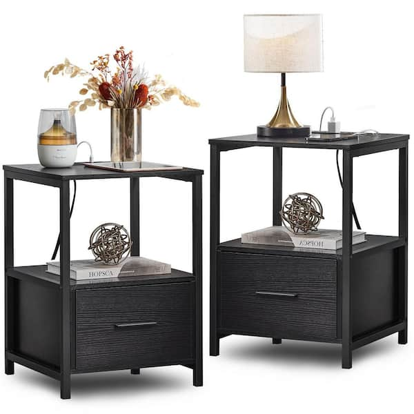  Black Nightstand with Charging Station, Night Stand