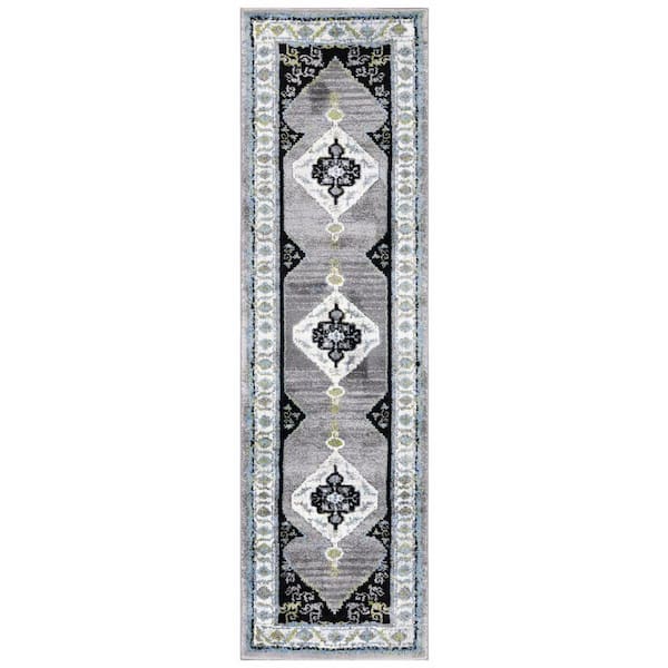 Vintage Hamadan 2 ft. x 8 ft. Gray/Green Abstract Medallion Runner Rug