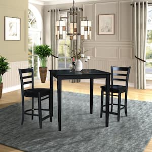 3 PC Set - Black Solid Wood 36 in. Square Table with 2 Side Stools