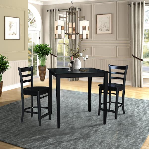 International Concepts 3 PC Set - Black Solid Wood 36 in. Square Table with 2 Side Stools