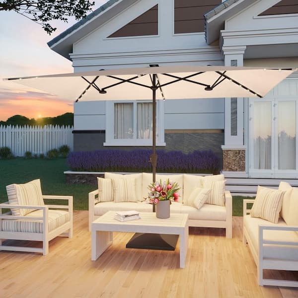 Sonkuki 10 x 6.5 ft. Steel Solar-powered Double-Sided Market Patio Umbrella Large Canopy Outdoor Table Umbrella in Beige