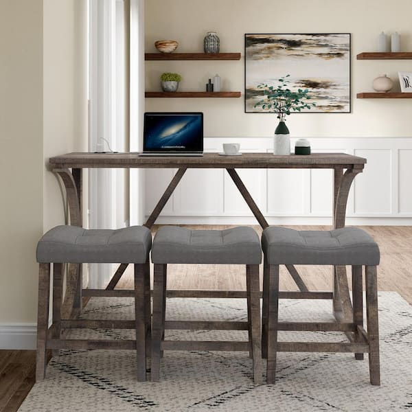 YOFE 4-Piece Rectangular Yellow Brown MDF Wood Top Bar Table Set with Power Outlet and 3 Upholstered Stools Seats 3