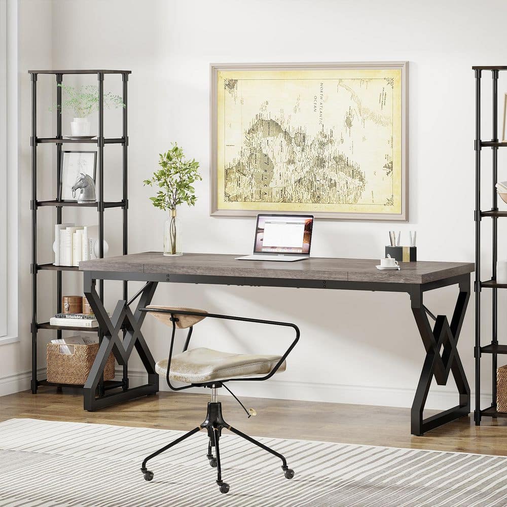 Moronia 63 in. Rectangle Gray Black Wood Meeting Conference Table Business Workstation Boardroom Desk Seat 6 Industrial