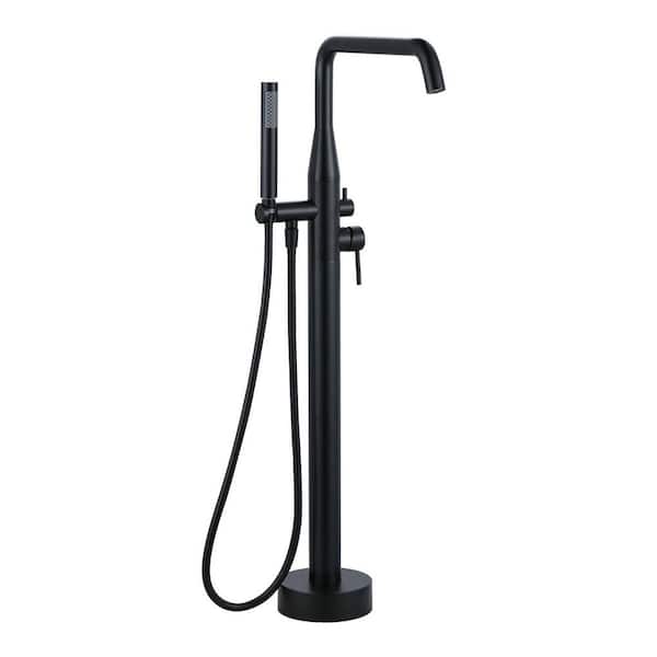Double Handle Floor Mounted Freestanding Tub Faucet with Handheld Shower in Matte Black