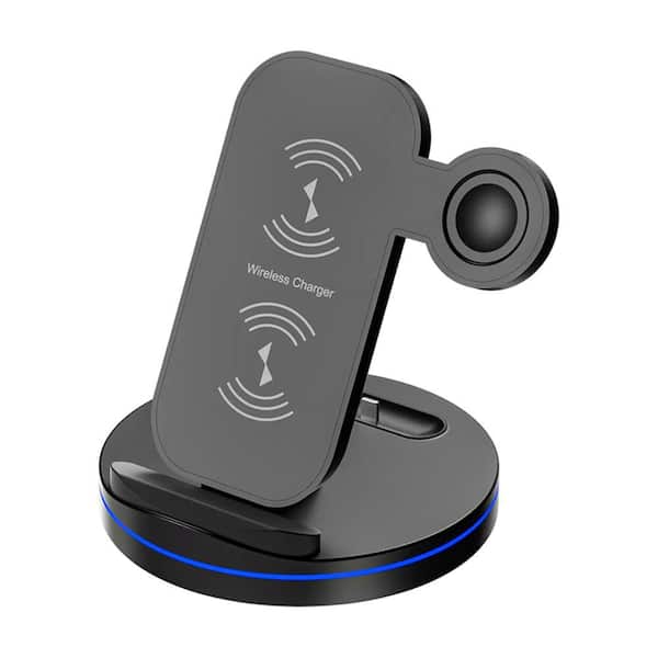 phyfalip 3-in-1 Fast Wireless Charging Station with USB-A Port Smart Safety and LED Indicator for iPhone iWatch and AirPods Black