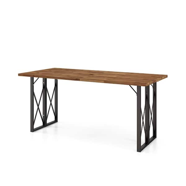 ANGELES HOME 67 in. Brown Rectangular Heavy-Duty Acacia Wood Outdoor Dining Table with Metal Legs and Umbrella Hole