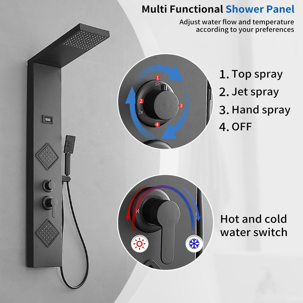 Matte Black 47" Shower Panel System with Rainfall Shower Head and Body Jets
