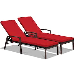 Adjustable Brown Wicker Outdoor Patio Chaise Lounge with Armrest and Red Cushions (2-Pack)