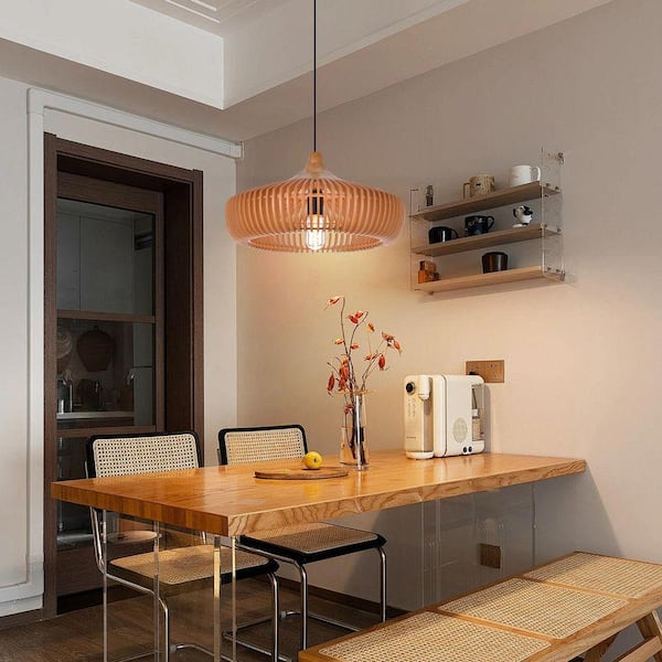 60-Watt 1 Light Natural Wood Pendant Light with Drum Shape, No Bulbs Included, 17 in.