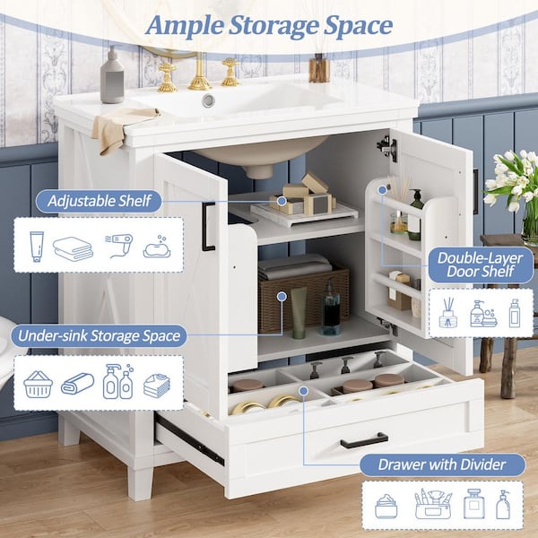 30 in. W Single Sink Freestanding White Bath Vanity with White Ceramic Top Dual Storage Shelves (Unassembled)