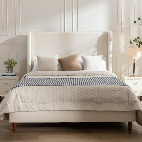 Harper Modern Beige Bouclen Fabric Upholstered Metal Frame Queen Platform Bed with Wingback Tall Headboard